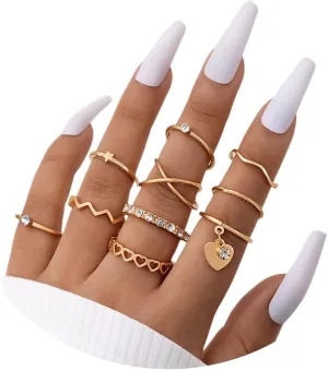 10Pcs Gold Heart Knuckle Rings for Women Stackable Rings Sets,Bohemian Vintage Joint Finger Rings Gold Rings Set for Teen Girls Cross Crystal Rings