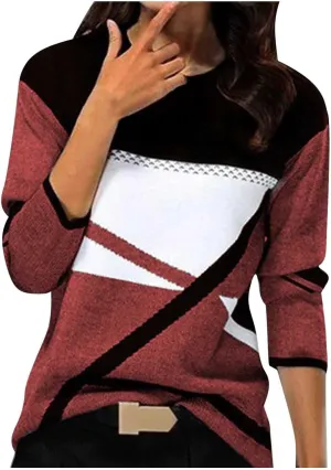 2024 Long Sleeve Shirts for Women Trendy Colors Blcok Winter Fall Tops Crewneck Loose fit Shirt Casual Dressy Blouses
