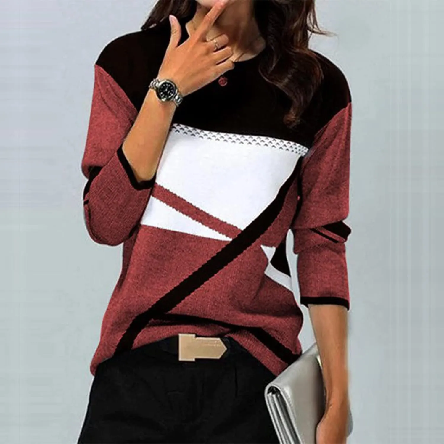 2024 Long Sleeve Shirts for Women Trendy Colors Blcok Winter Fall Tops Crewneck Loose fit Shirt Casual Dressy Blouses