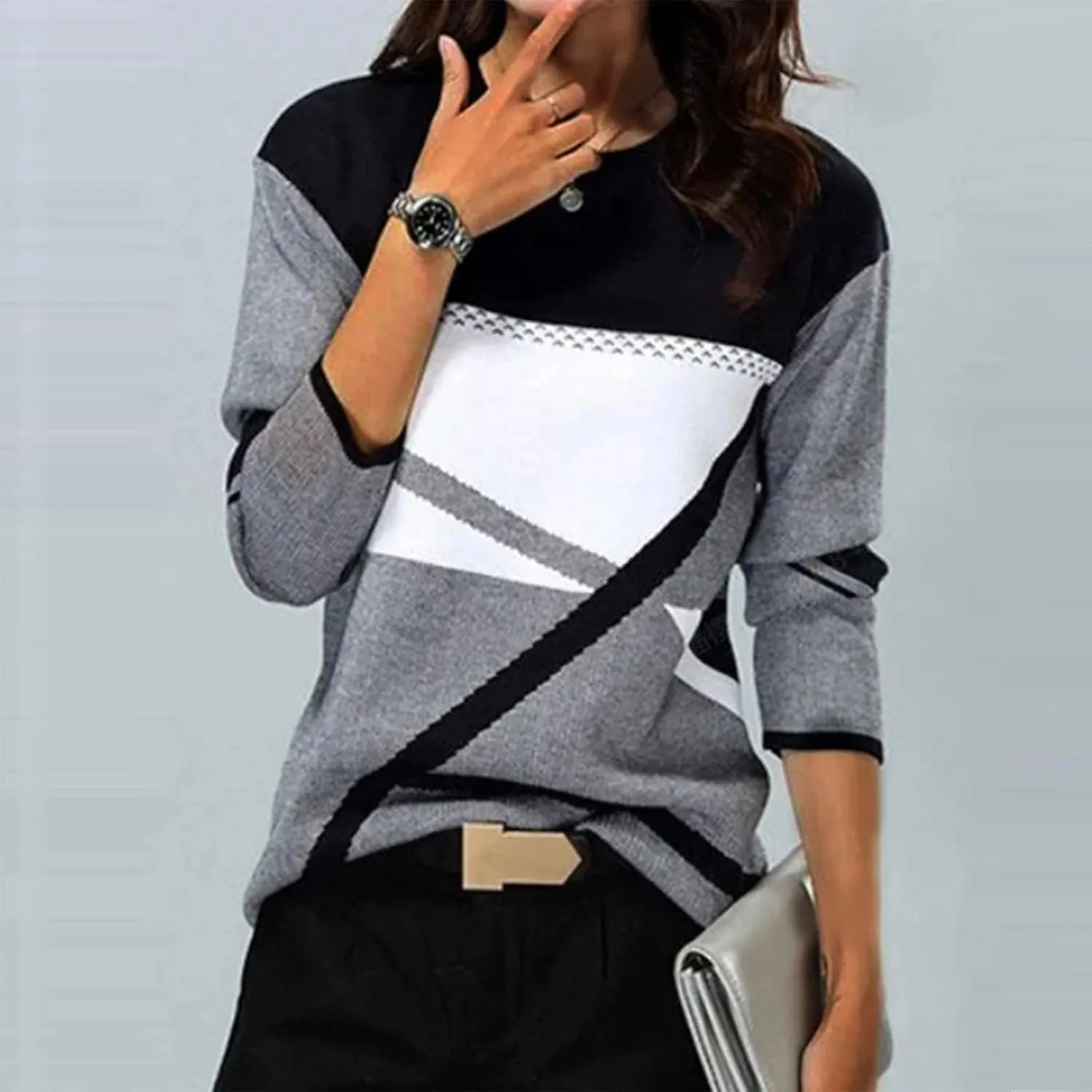2024 Long Sleeve Shirts for Women Trendy Colors Blcok Winter Fall Tops Crewneck Loose fit Shirt Casual Dressy Blouses