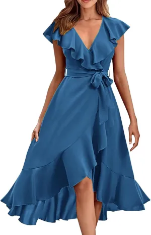 2025 Summer Dresses Women Wrap Midi Dress Casual Boho Deep Vneck Short Sleeve Ruffle Hem Split Beach Flowy Long Skirt