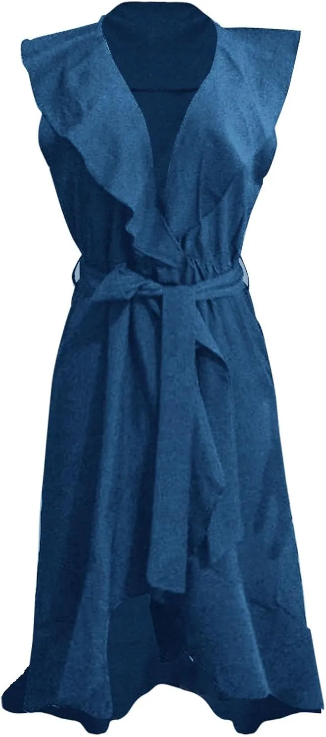 2025 Summer Dresses Women Wrap Midi Dress Casual Boho Deep Vneck Short Sleeve Ruffle Hem Split Beach Flowy Long Skirt
