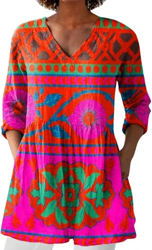 2025 Women Cotton Linen Boho Tops Casual Floral Graphic V Neck Blouses Vintage Long Sleeve Shirt Vacation Tunics