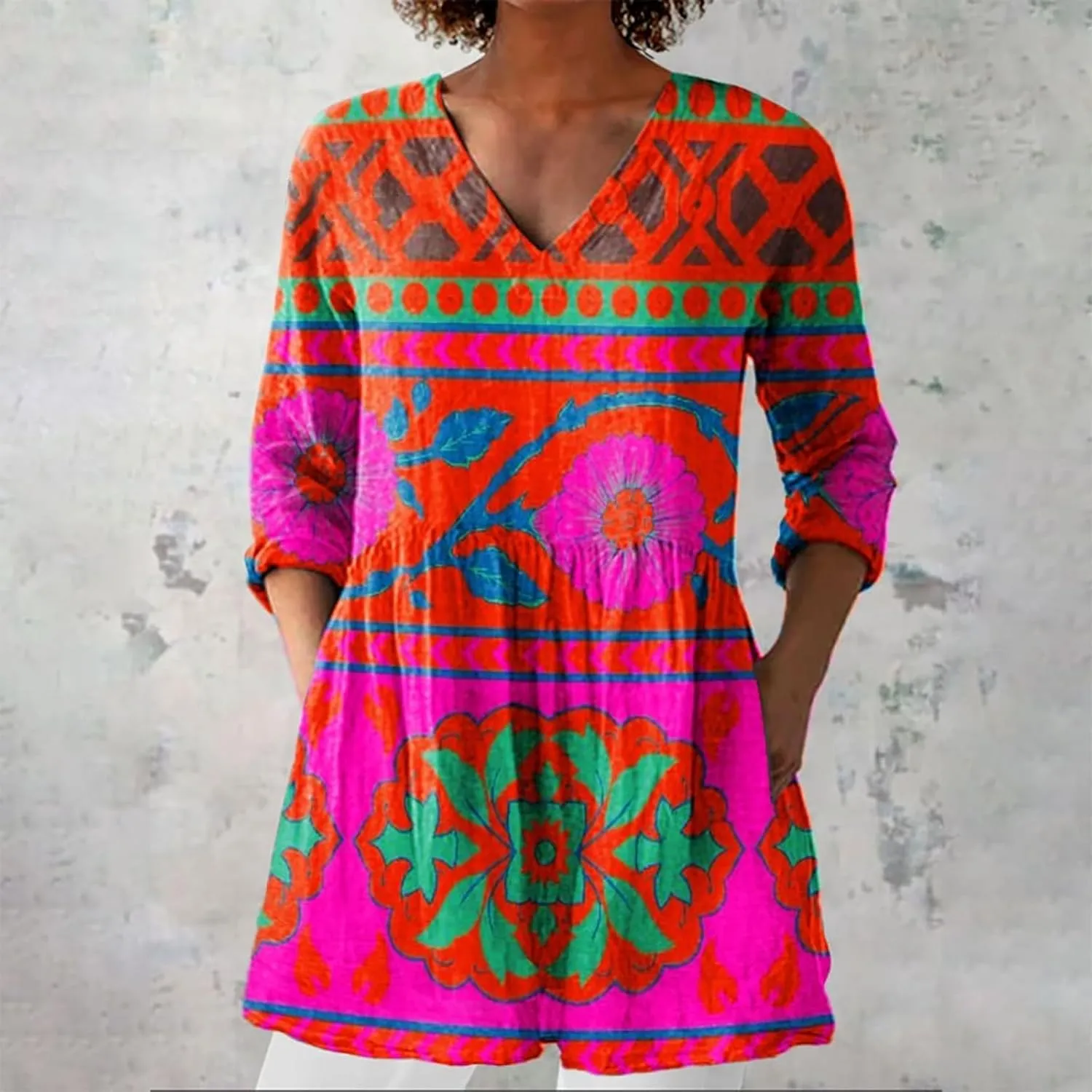 2025 Women Cotton Linen Boho Tops Casual Floral Graphic V Neck Blouses Vintage Long Sleeve Shirt Vacation Tunics