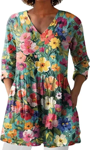 2025 Women Cotton Linen Boho Tops Casual Floral Graphic V Neck Blouses Vintage Long Sleeve Shirt Vacation Tunics