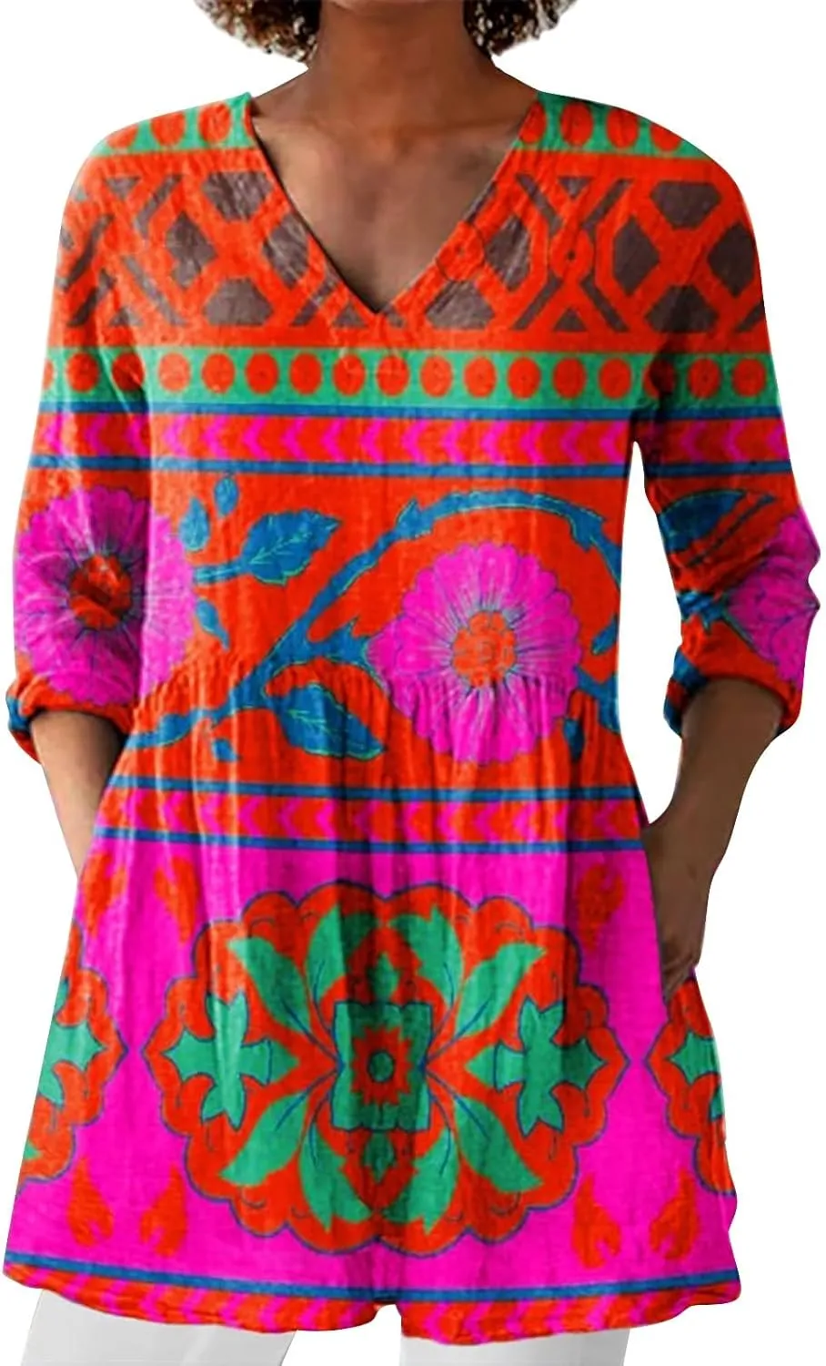 2025 Women Cotton Linen Boho Tops Casual Floral Graphic V Neck Blouses Vintage Long Sleeve Shirt Vacation Tunics