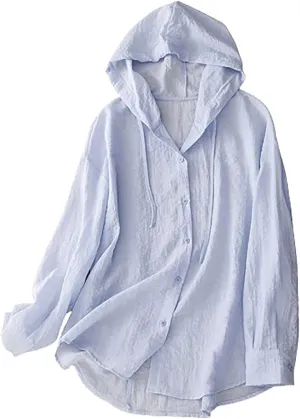 2025 Women Cotton Linen Hoodie Summer Loose Lightweight Drawstring Hooded Top Long Sleeve Button Beach Cover Up Blouses
