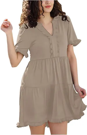 2025 Women Dresses Spring Summer V Neck Ruffle Short Sleeve Casual A-Line Flowy Dress Babydoll Shift Dress Mini Dress
