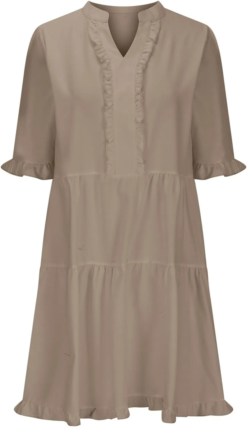 2025 Women Dresses Spring Summer V Neck Ruffle Short Sleeve Casual A-Line Flowy Dress Babydoll Shift Dress Mini Dress