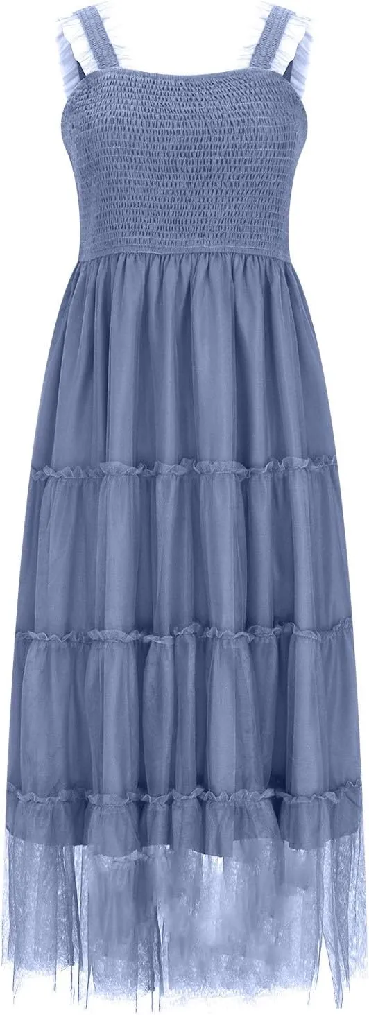 2025 Women Summer Midi Tulle Dress Sleeveless Smocked Square Neck Ruffle Flowy Boho Beach Dress Party Guest Sundress