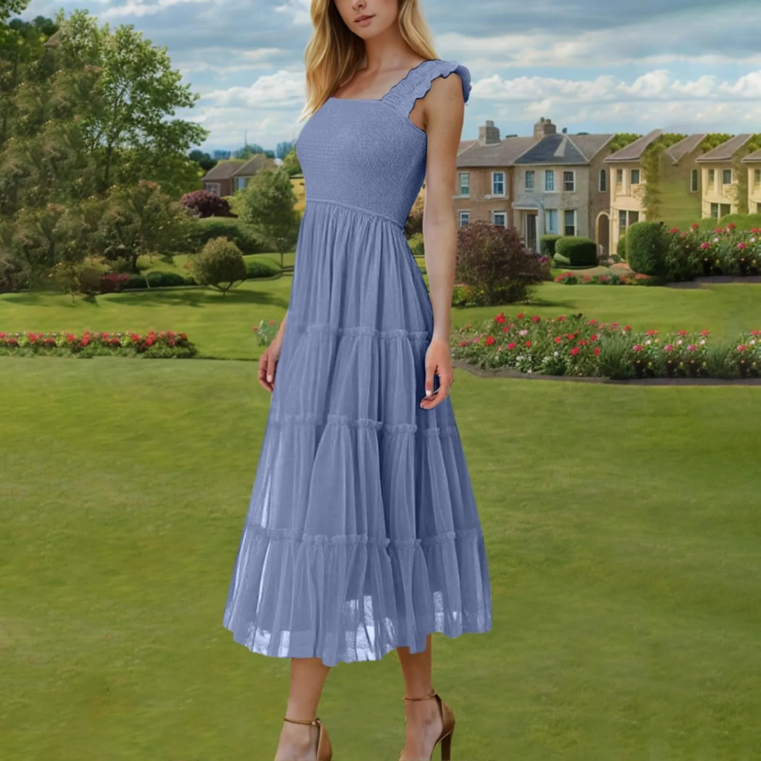 2025 Women Summer Midi Tulle Dress Sleeveless Smocked Square Neck Ruffle Flowy Boho Beach Dress Party Guest Sundress