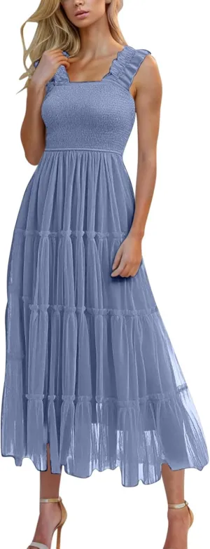 2025 Women Summer Midi Tulle Dress Sleeveless Smocked Square Neck Ruffle Flowy Boho Beach Dress Party Guest Sundress
