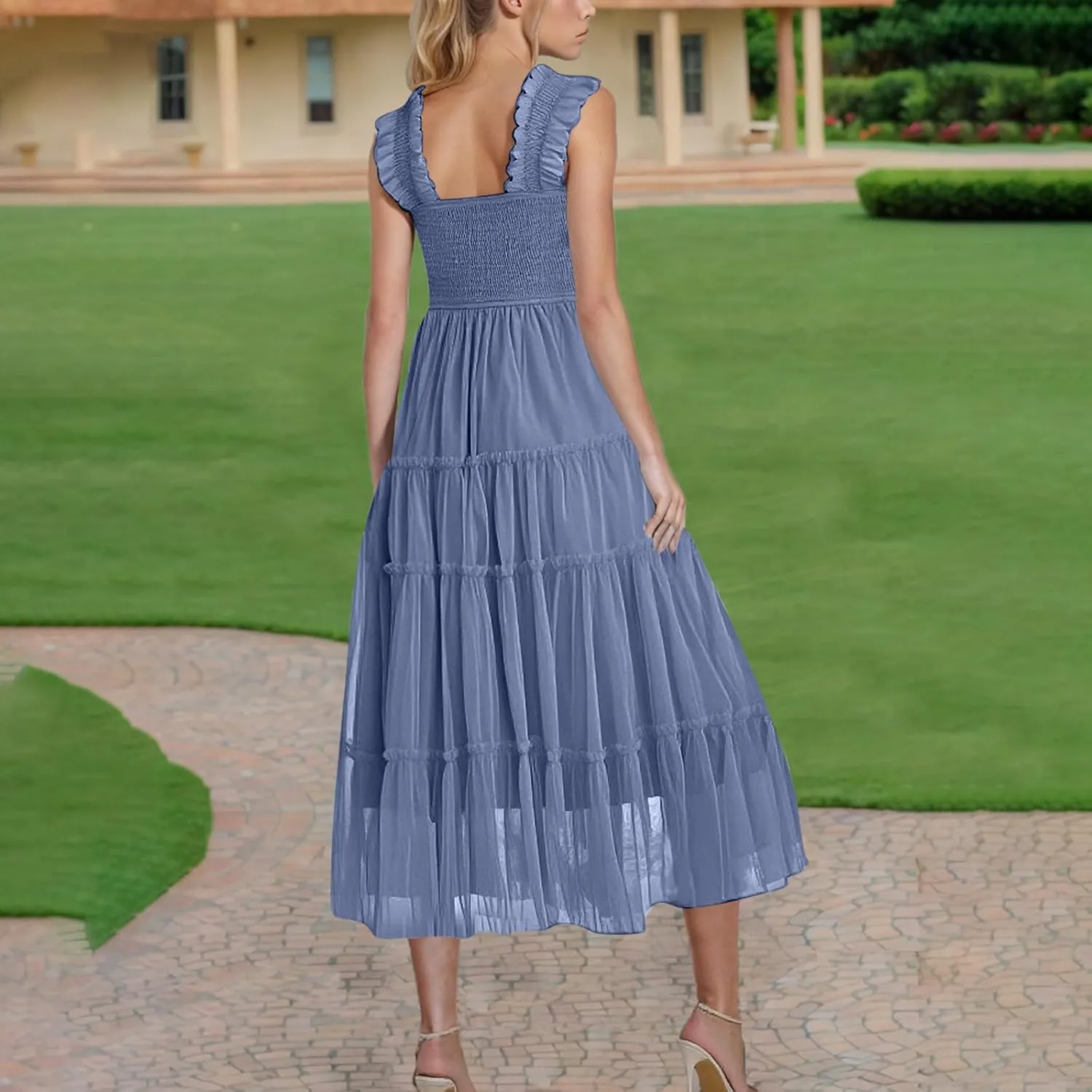2025 Women Summer Midi Tulle Dress Sleeveless Smocked Square Neck Ruffle Flowy Boho Beach Dress Party Guest Sundress