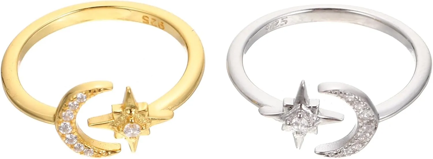 2Pcs Adjustable Rhinestone Moon Star Rings for Women Delicate Knuckle Jewelry Sterling Present for Ladies Any Occasion