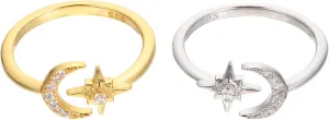 2Pcs Adjustable Rhinestone Moon Star Rings for Women Delicate Knuckle Jewelry Sterling Present for Ladies Any Occasion