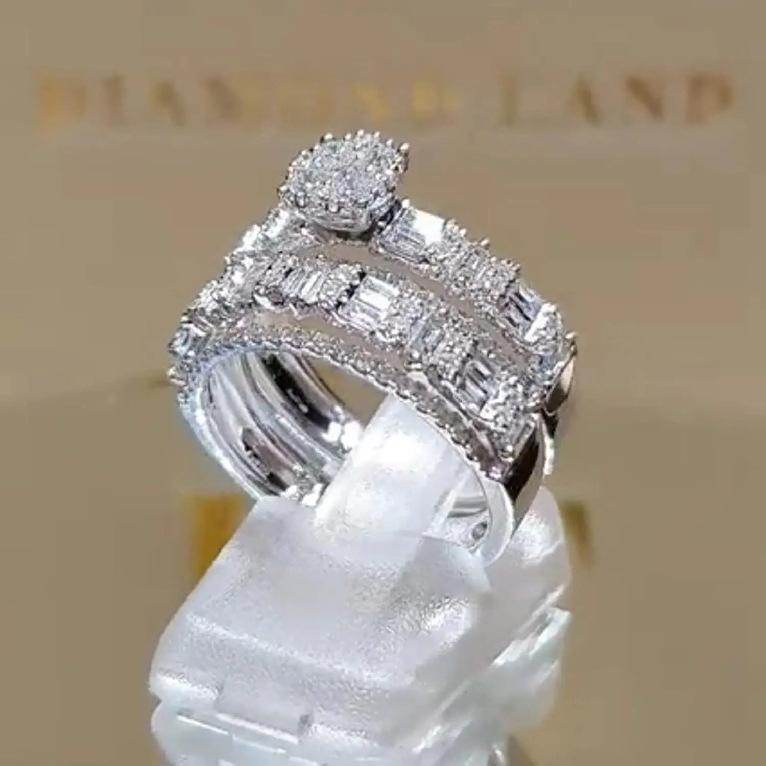 2Pcs Rhinestone Rings Set for Womens Inlaid Zircon Wedding Bands CZ Simulating Diamond Proposal Rings Lady (Silver, 11)