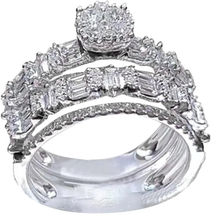 2Pcs Rhinestone Rings Set for Womens Inlaid Zircon Wedding Bands CZ Simulating Diamond Proposal Rings Lady (Silver, 11)