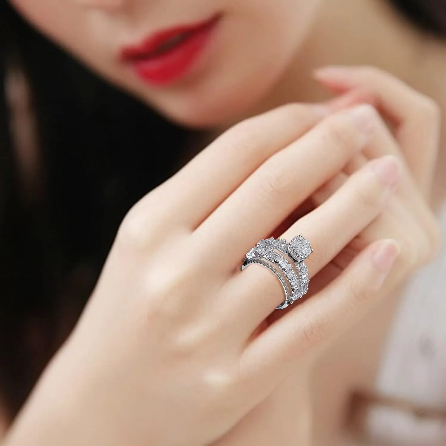 2Pcs Rhinestone Rings Set for Womens Inlaid Zircon Wedding Bands CZ Simulating Diamond Proposal Rings Lady (Silver, 11)