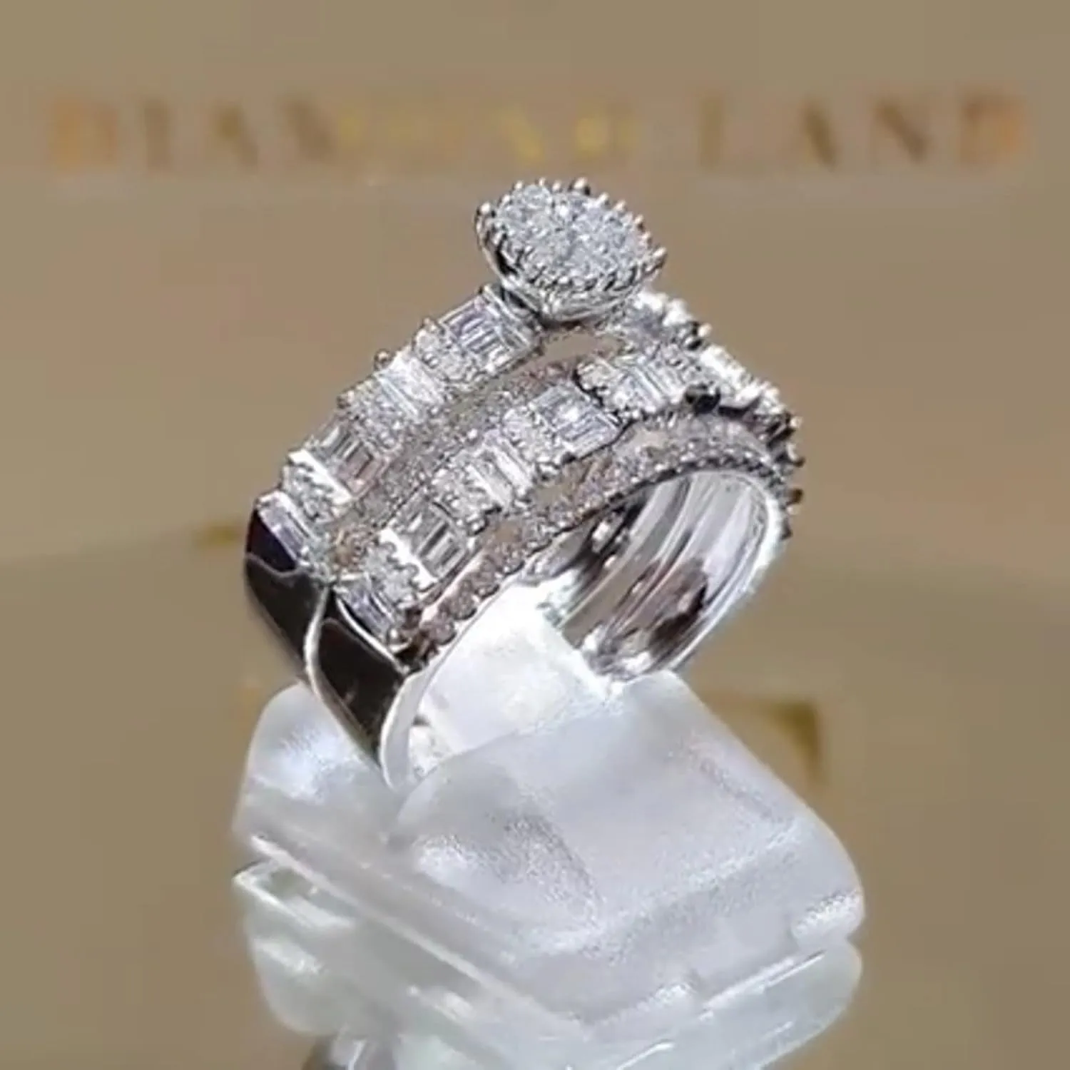 2Pcs Rhinestone Rings Set for Womens Inlaid Zircon Wedding Bands CZ Simulating Diamond Proposal Rings Lady (Silver, 11)