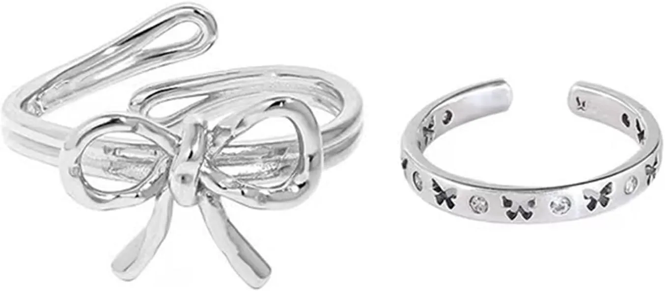 2Pcs Women Open Rings Set Vintage Bowknot Rings Stackable Thumb Knuckle Rings Adjustable Open Rings Set