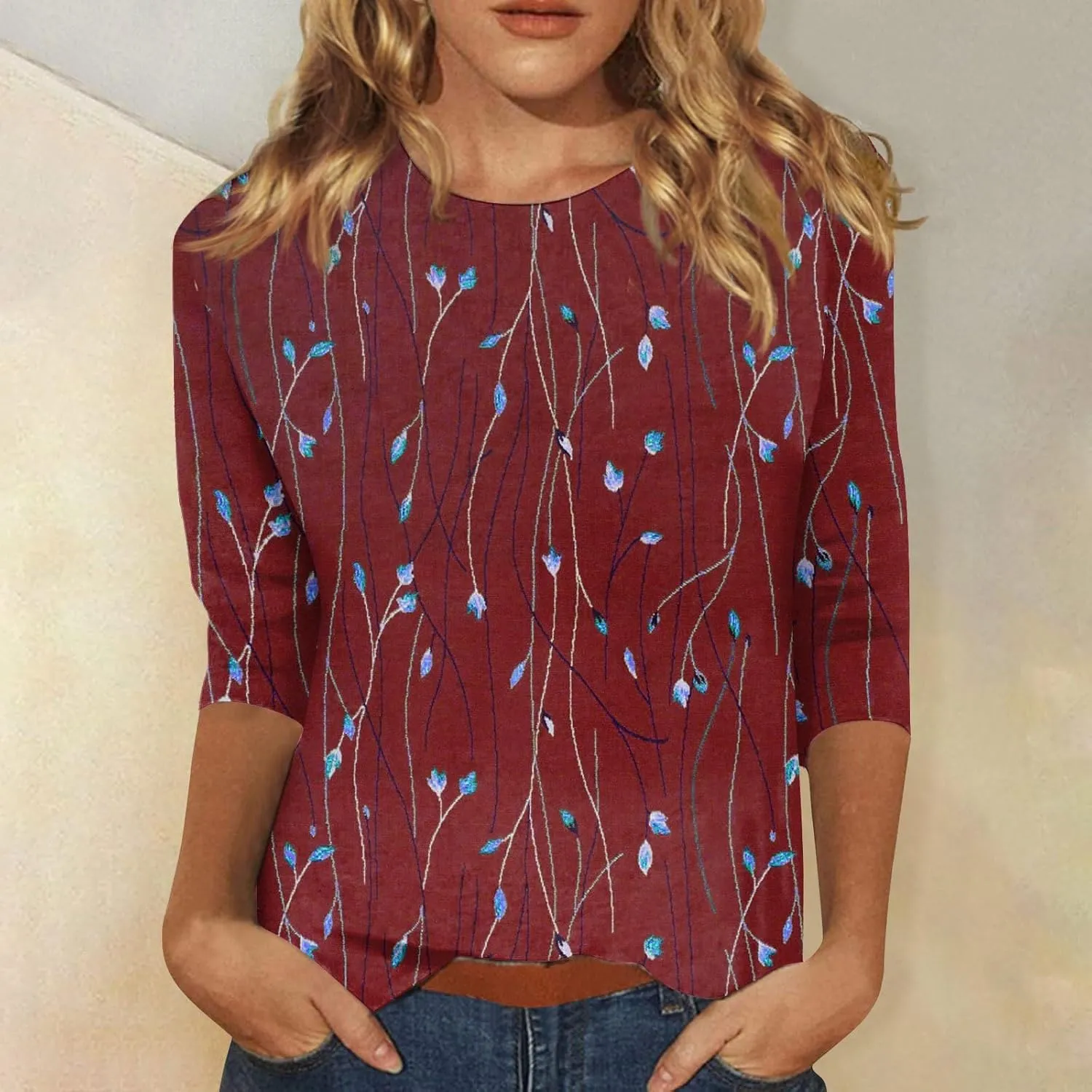 3/4 Length Sleeve Shirts for Women Floral Print Tees Blouses Crewneck Loose Casual Plus Size Tops T Shirts