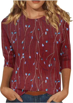 3/4 Length Sleeve Shirts for Women Floral Print Tees Blouses Crewneck Loose Casual Plus Size Tops T Shirts