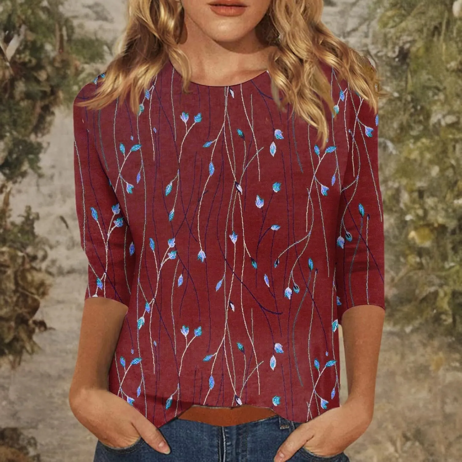 3/4 Length Sleeve Shirts for Women Floral Print Tees Blouses Crewneck Loose Casual Plus Size Tops T Shirts