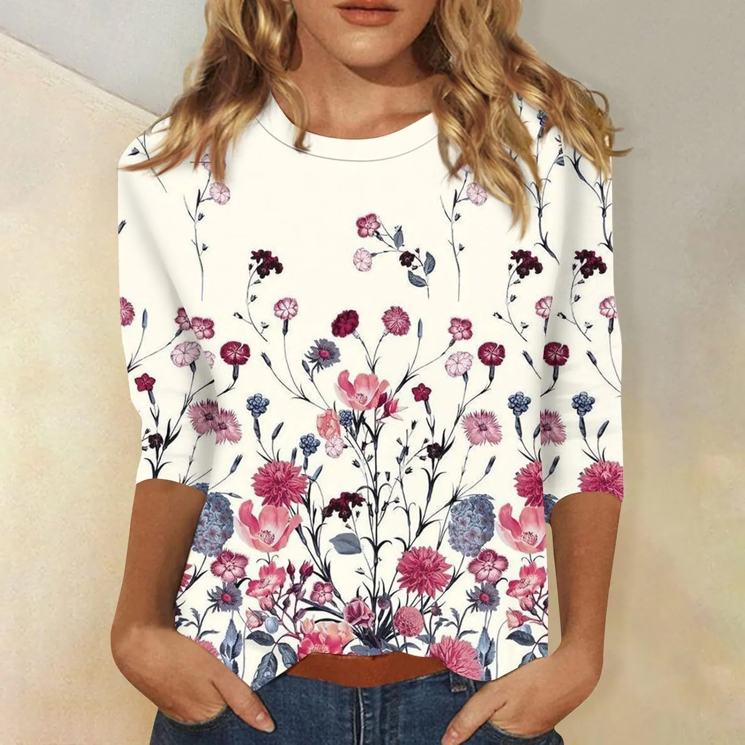 3/4 Length Sleeve Shirts for Women, Round Neck Cute Tunic Tops Basic Tees Casual Printed Blouses Loose Shirt Tops