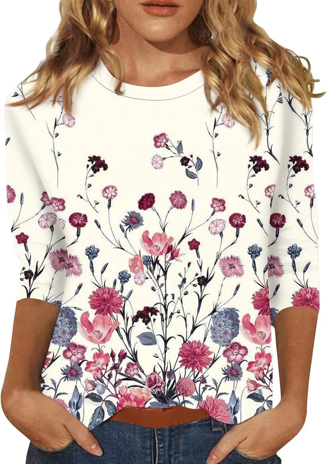 3/4 Length Sleeve Shirts for Women, Round Neck Cute Tunic Tops Basic Tees Casual Printed Blouses Loose Shirt Tops