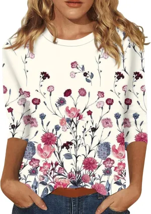3/4 Length Sleeve Shirts for Women, Round Neck Cute Tunic Tops Basic Tees Casual Printed Blouses Loose Shirt Tops