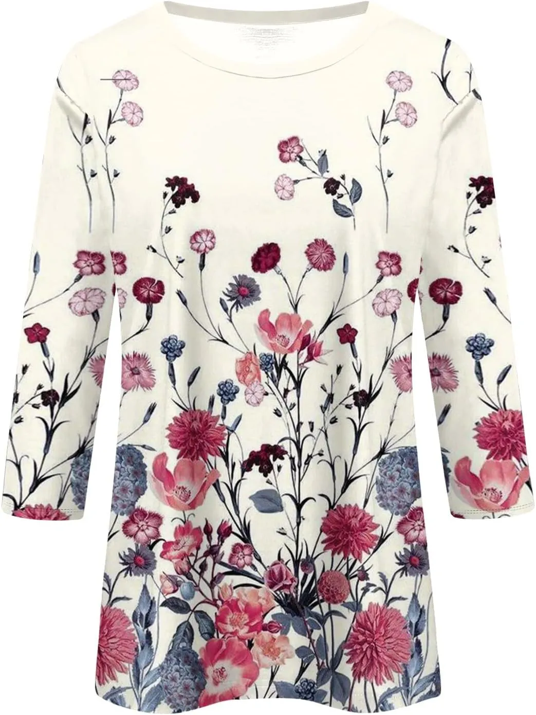 3/4 Length Sleeve Shirts for Women, Round Neck Cute Tunic Tops Basic Tees Casual Printed Blouses Loose Shirt Tops