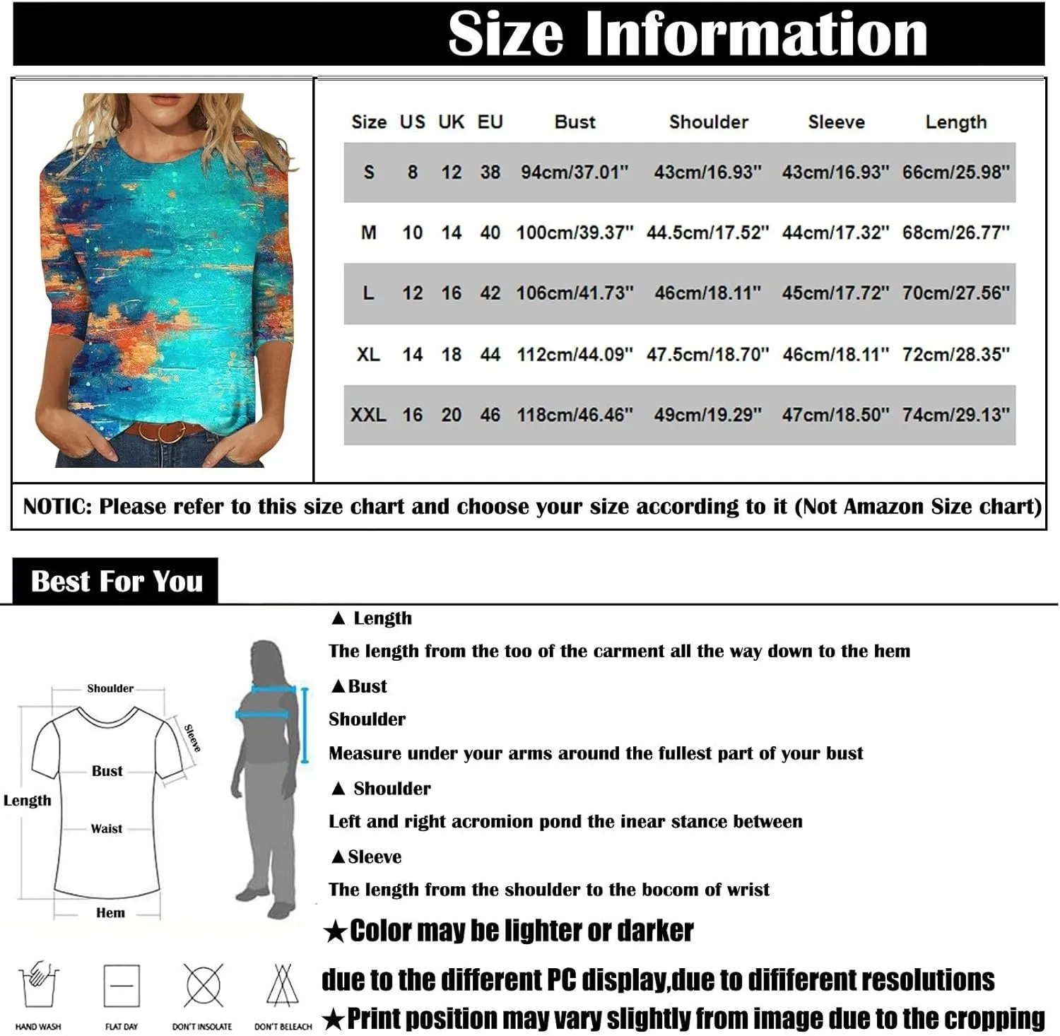3/4 Length Sleeve Shirts for Women, Round Neck Cute Tunic Tops Basic Tees Casual Printed Blouses Loose Shirt Tops