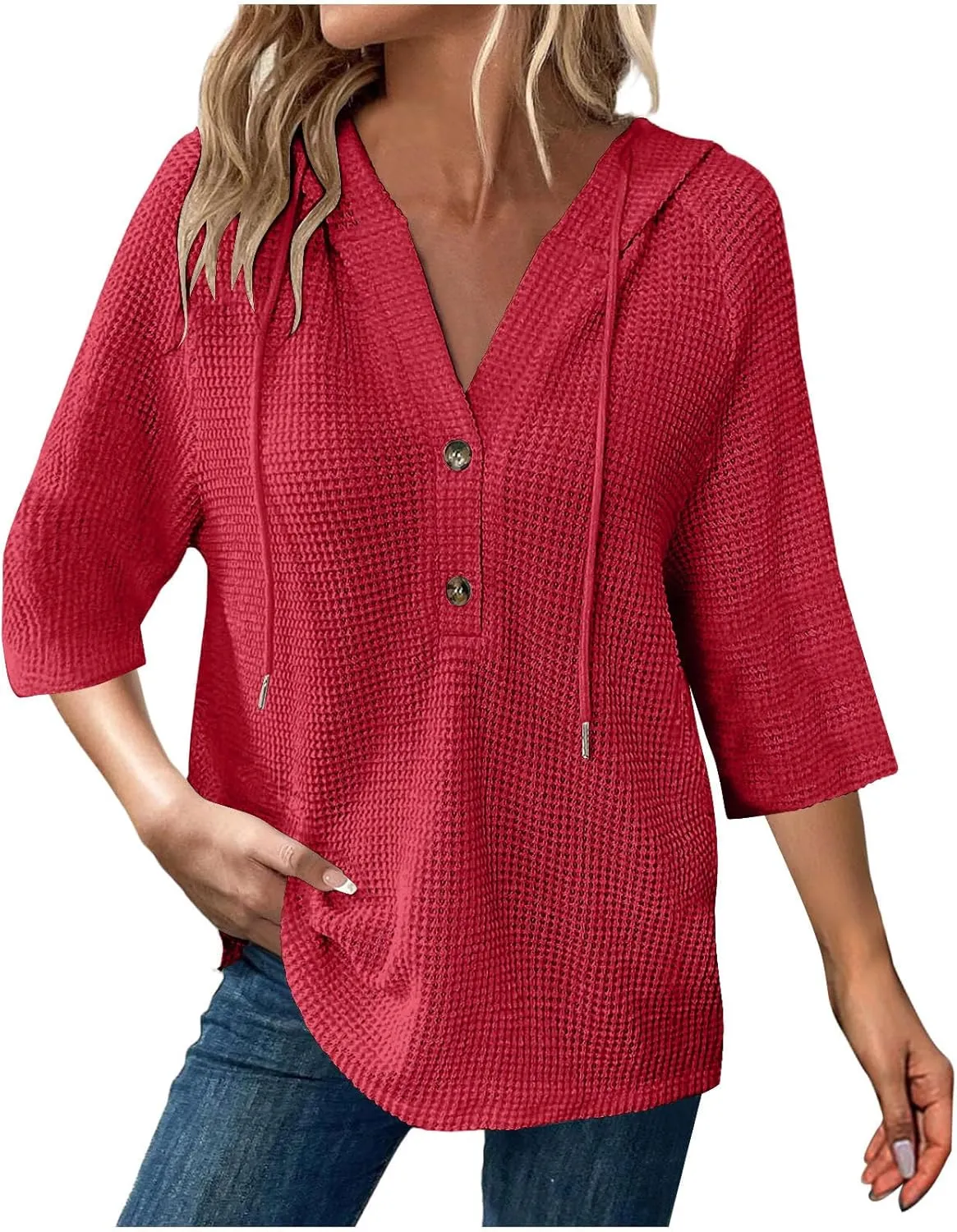 3/4 Length Sleeve Spring Tops for Women 2025 Waffle Knit Hooded Shirts Drawstring Buttons V Neck Blouses Comfy Clothes