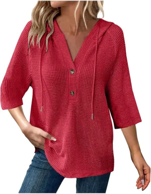 3/4 Length Sleeve Spring Tops for Women 2025 Waffle Knit Hooded Shirts Drawstring Buttons V Neck Blouses Comfy Clothes