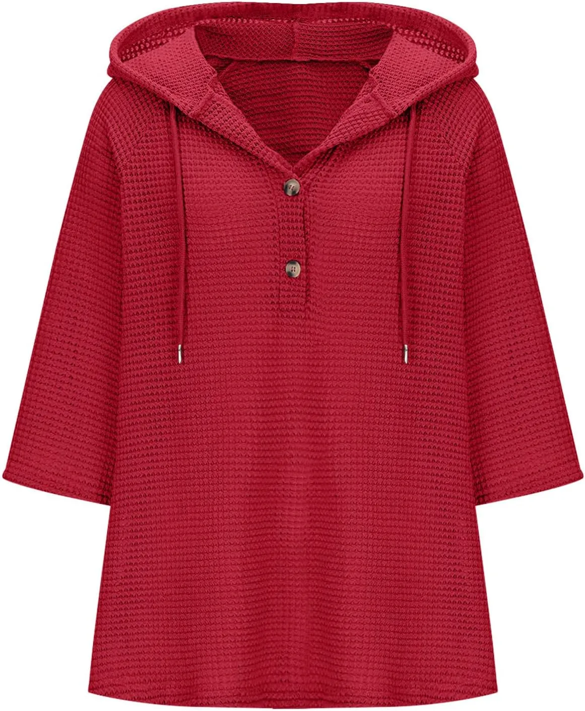 3/4 Length Sleeve Spring Tops for Women 2025 Waffle Knit Hooded Shirts Drawstring Buttons V Neck Blouses Comfy Clothes