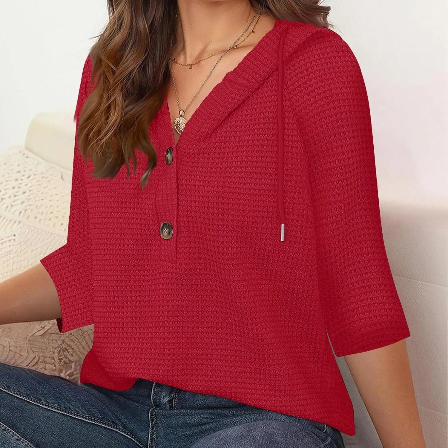 3/4 Length Sleeve Spring Tops for Women 2025 Waffle Knit Hooded Shirts Drawstring Buttons V Neck Blouses Comfy Clothes