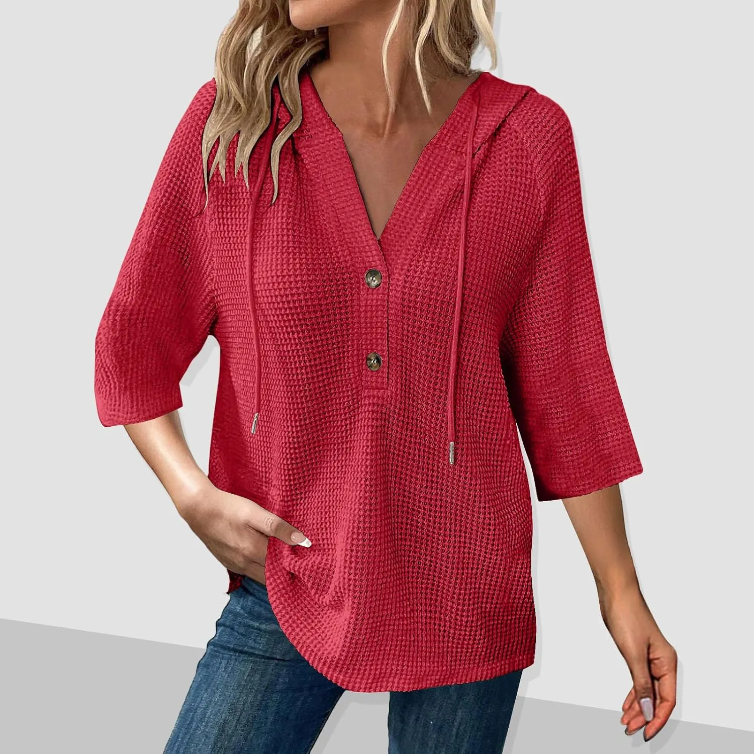 3/4 Length Sleeve Spring Tops for Women 2025 Waffle Knit Hooded Shirts Drawstring Buttons V Neck Blouses Comfy Clothes