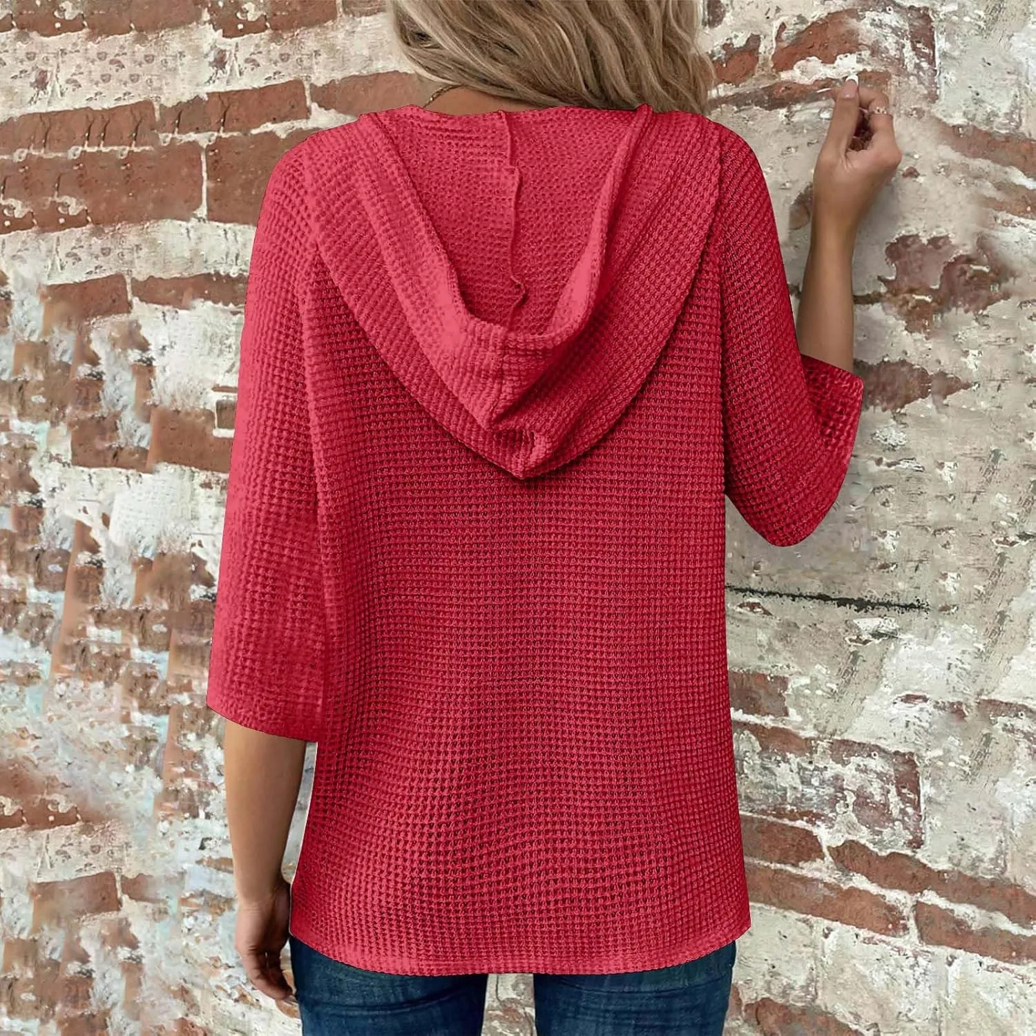 3/4 Length Sleeve Spring Tops for Women 2025 Waffle Knit Hooded Shirts Drawstring Buttons V Neck Blouses Comfy Clothes