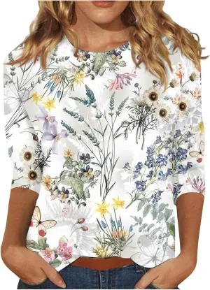 3/4 Length Sleeve Womens Tops 2024 Floral Print Vintage Casual Loose with Round Neck Plus Size Shirts