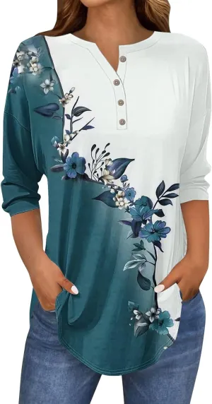 3/4 Length Sleeve Womens Tops 2025 Spring Henley Neck Casual Print Tunic T Shirts Summer Trendy Boho Floral Blouses