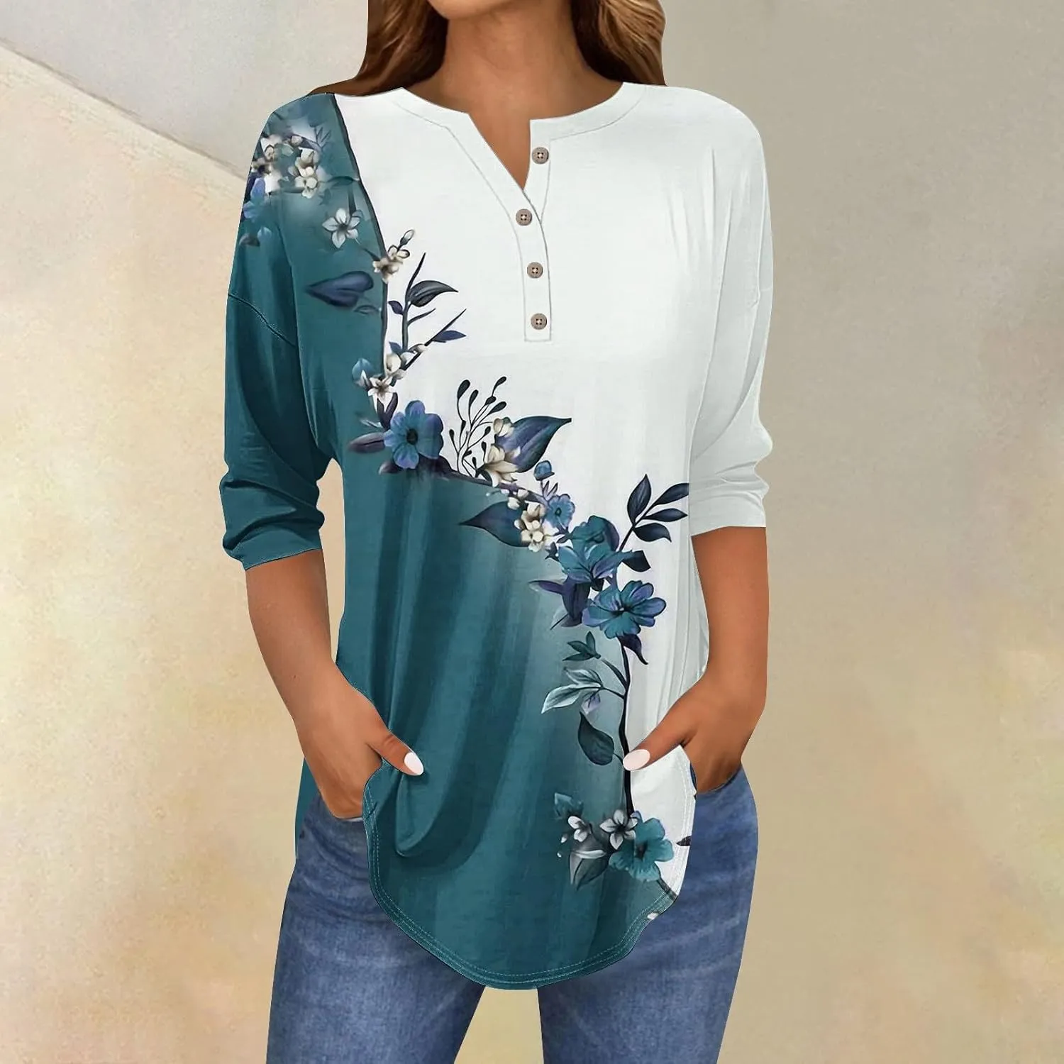 3/4 Length Sleeve Womens Tops 2025 Spring Henley Neck Casual Print Tunic T Shirts Summer Trendy Boho Floral Blouses
