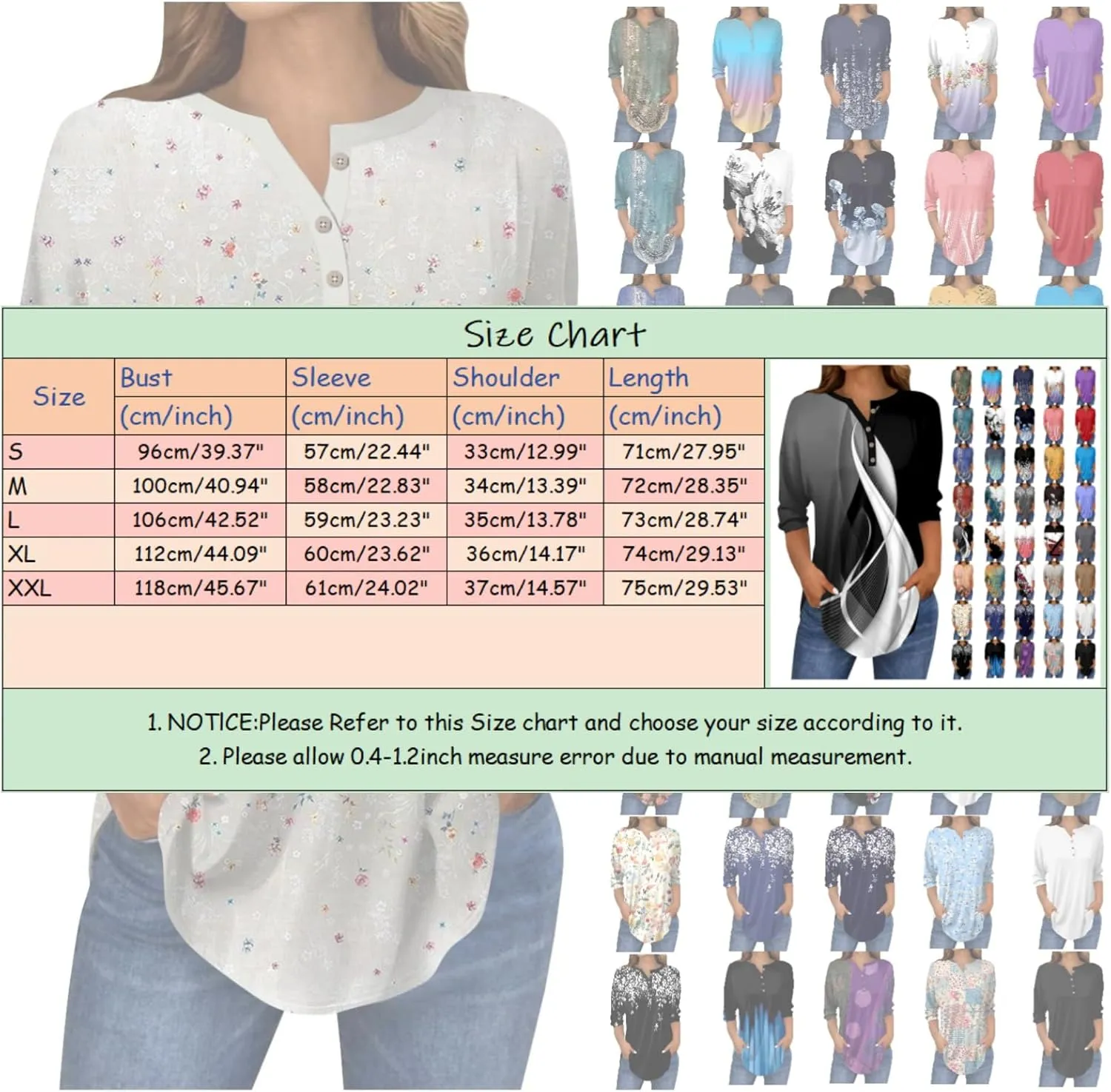 3/4 Length Sleeve Womens Tops 2025 Spring Henley Neck Casual Print Tunic T Shirts Summer Trendy Boho Floral Blouses