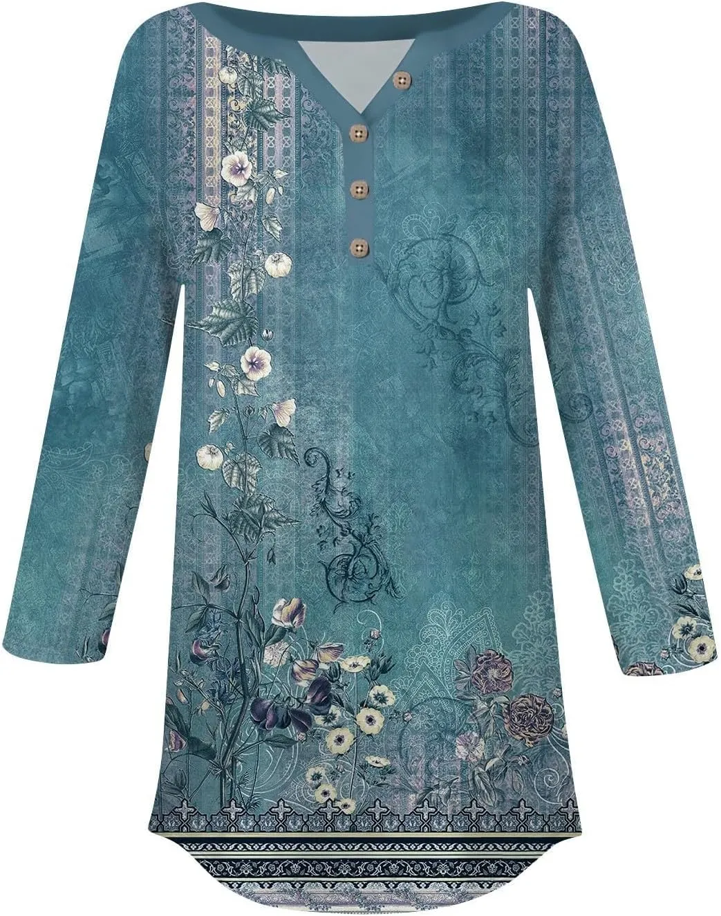 3/4 Length Sleeve Womens Tops 2025 Spring Henley Neck Casual Print Tunic T Shirts Summer Trendy Boho Floral Blouses