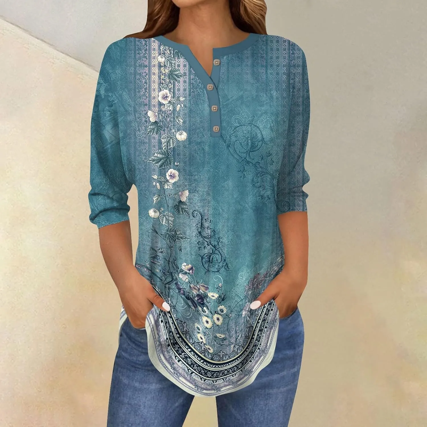 3/4 Length Sleeve Womens Tops 2025 Spring Henley Neck Casual Print Tunic T Shirts Summer Trendy Boho Floral Blouses