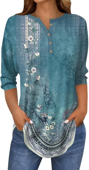 3/4 Length Sleeve Womens Tops 2025 Spring Henley Neck Casual Print Tunic T Shirts Summer Trendy Boho Floral Blouses