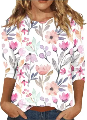 3/4 Length Sleeve Womens Tops Casual Loose Fit T Shirts Cute Three Quarter Length Tunic Tops Ladies Tops and Blouses