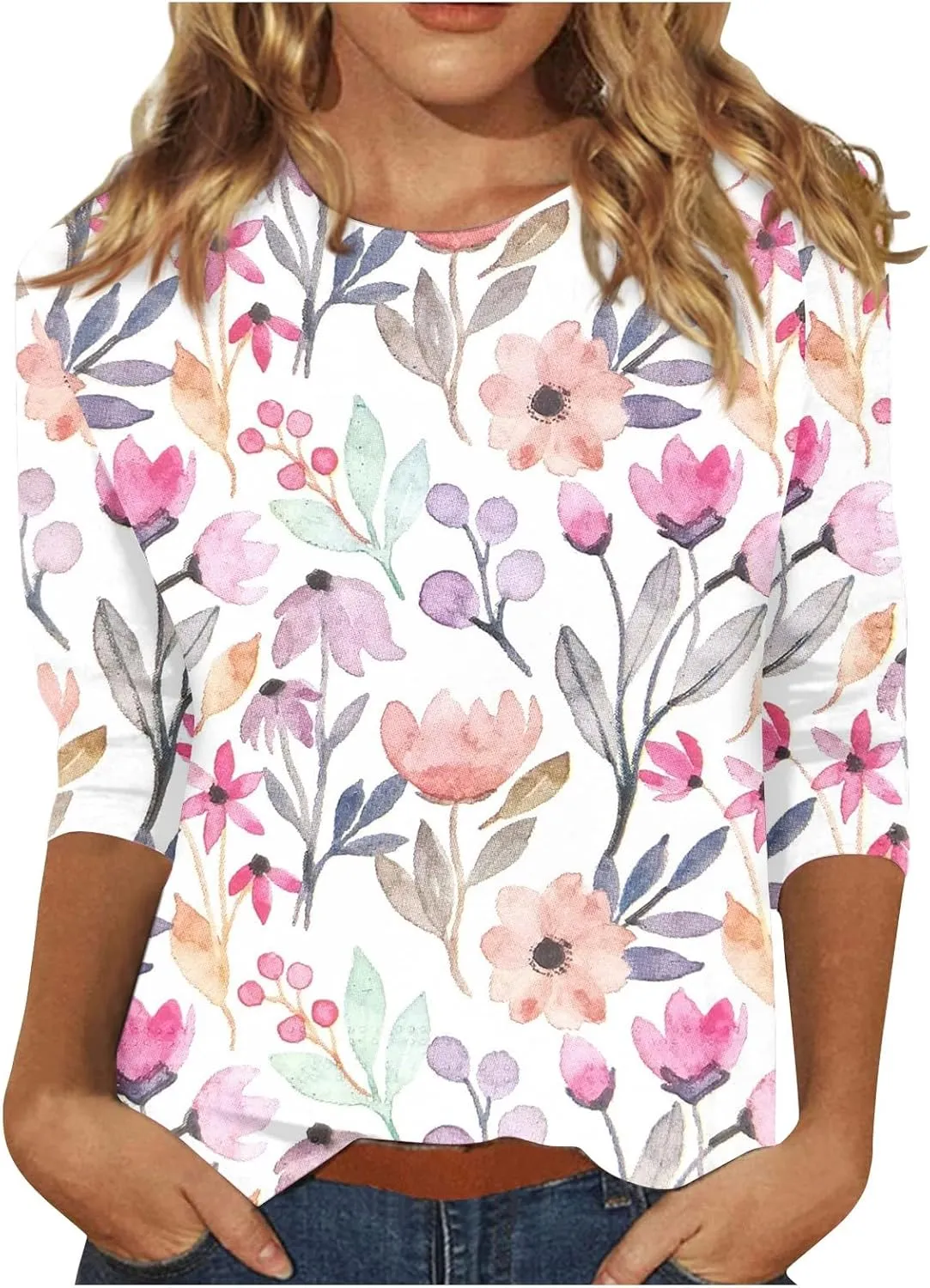 3/4 Length Sleeve Womens Tops Casual Loose Fit T Shirts Cute Three Quarter Length Tunic Tops Ladies Tops and Blouses