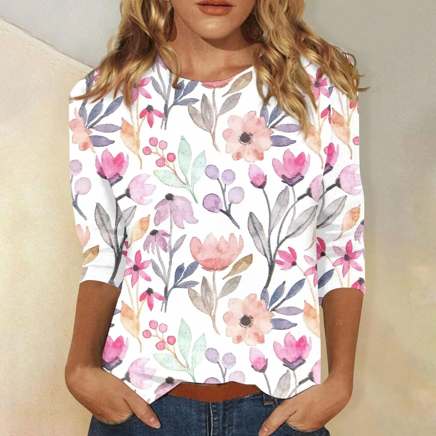 3/4 Length Sleeve Womens Tops Casual Loose Fit T Shirts Cute Three Quarter Length Tunic Tops Ladies Tops and Blouses