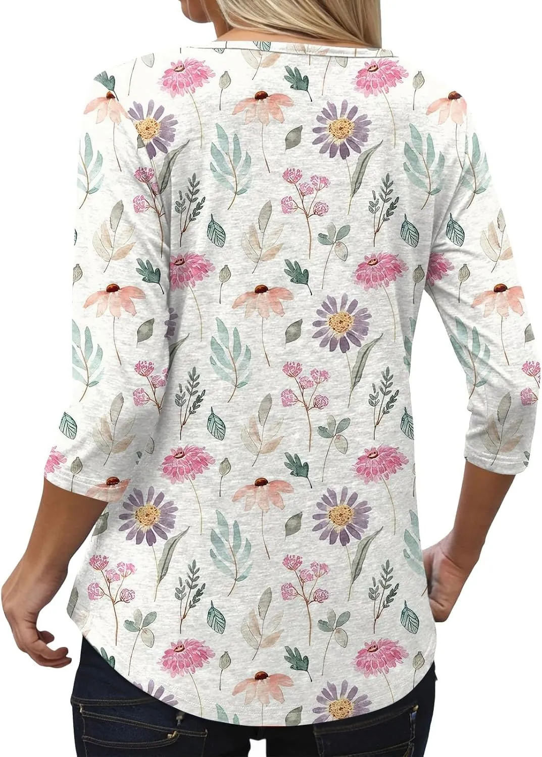 3/4 Length Sleeve Womens Tops Cross Collar Floral Print Lightweight Going Out T-Shirts Summer Casual Fashion Tees 2025
