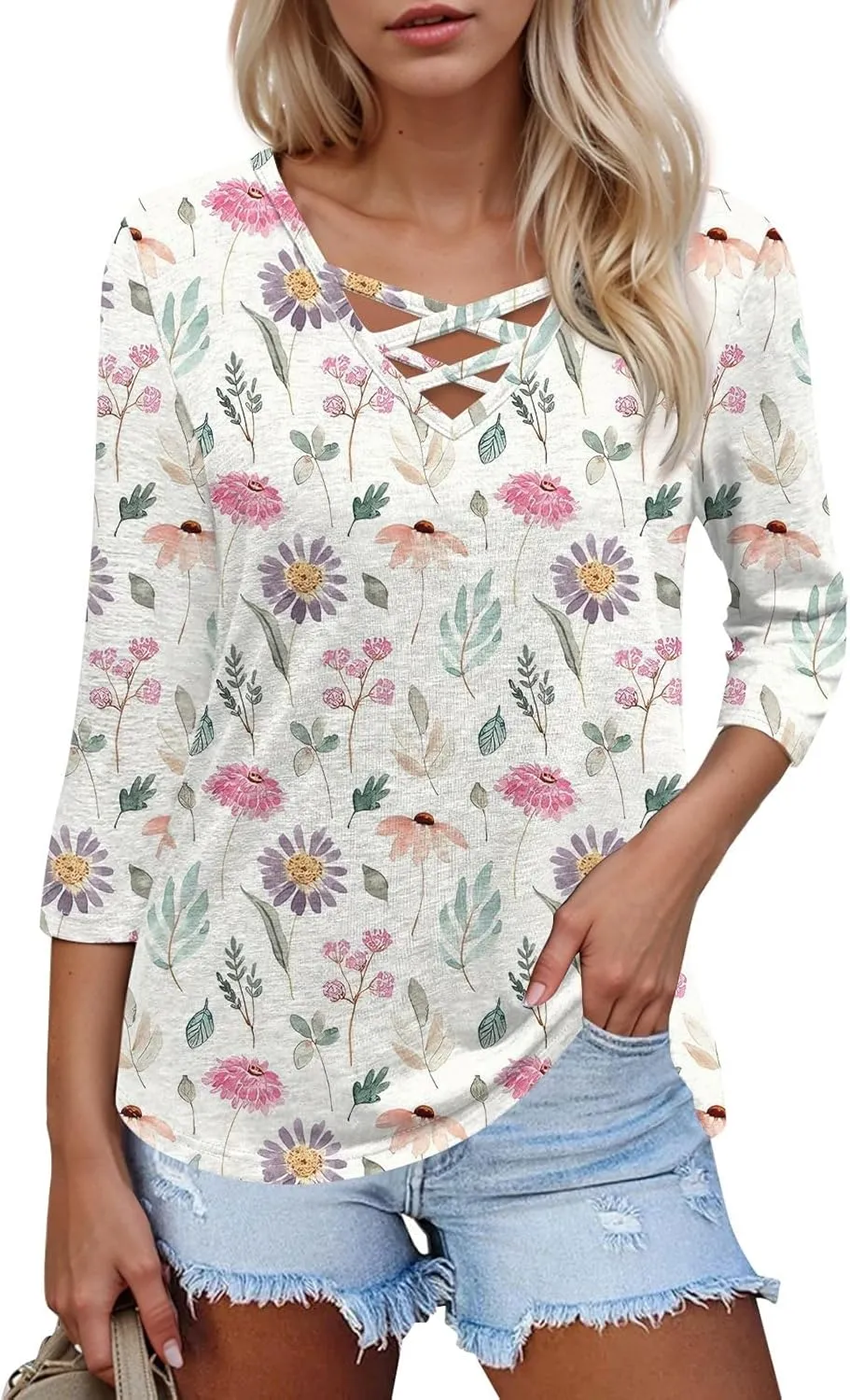 3/4 Length Sleeve Womens Tops Cross Collar Floral Print Lightweight Going Out T-Shirts Summer Casual Fashion Tees 2025